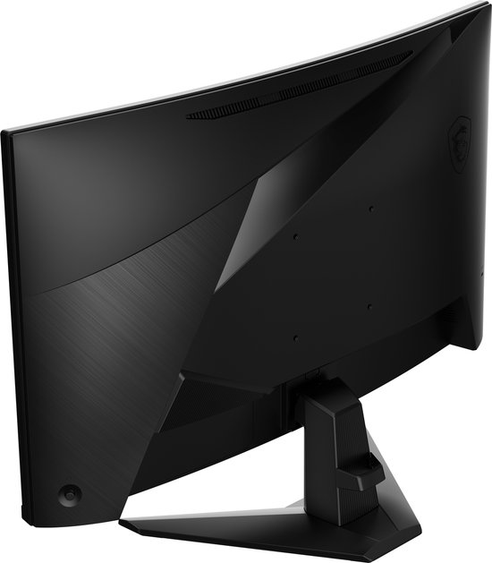 Achterkant van een zwarte gebogen gaming monitor met MSI logo.