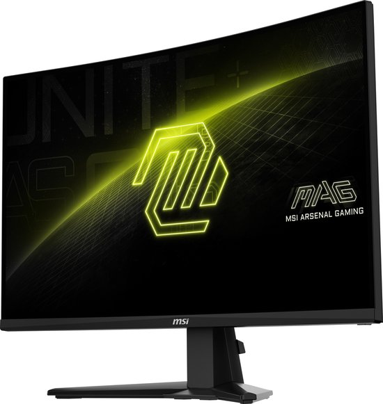 Voorkant van een zwarte gebogen MSI gaming monitor met neon-geel logo.