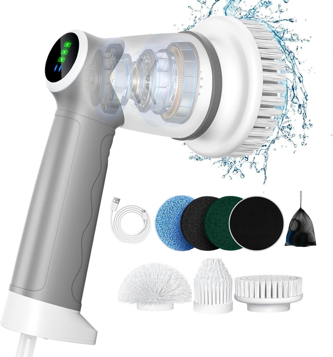 Bol.com Elektrische Reinigingsborstel Handheld voor Badkamer - Led-display Spin Scrubber - 6 Borstelkoppen - Huishouden Vloer Au... aanbieding