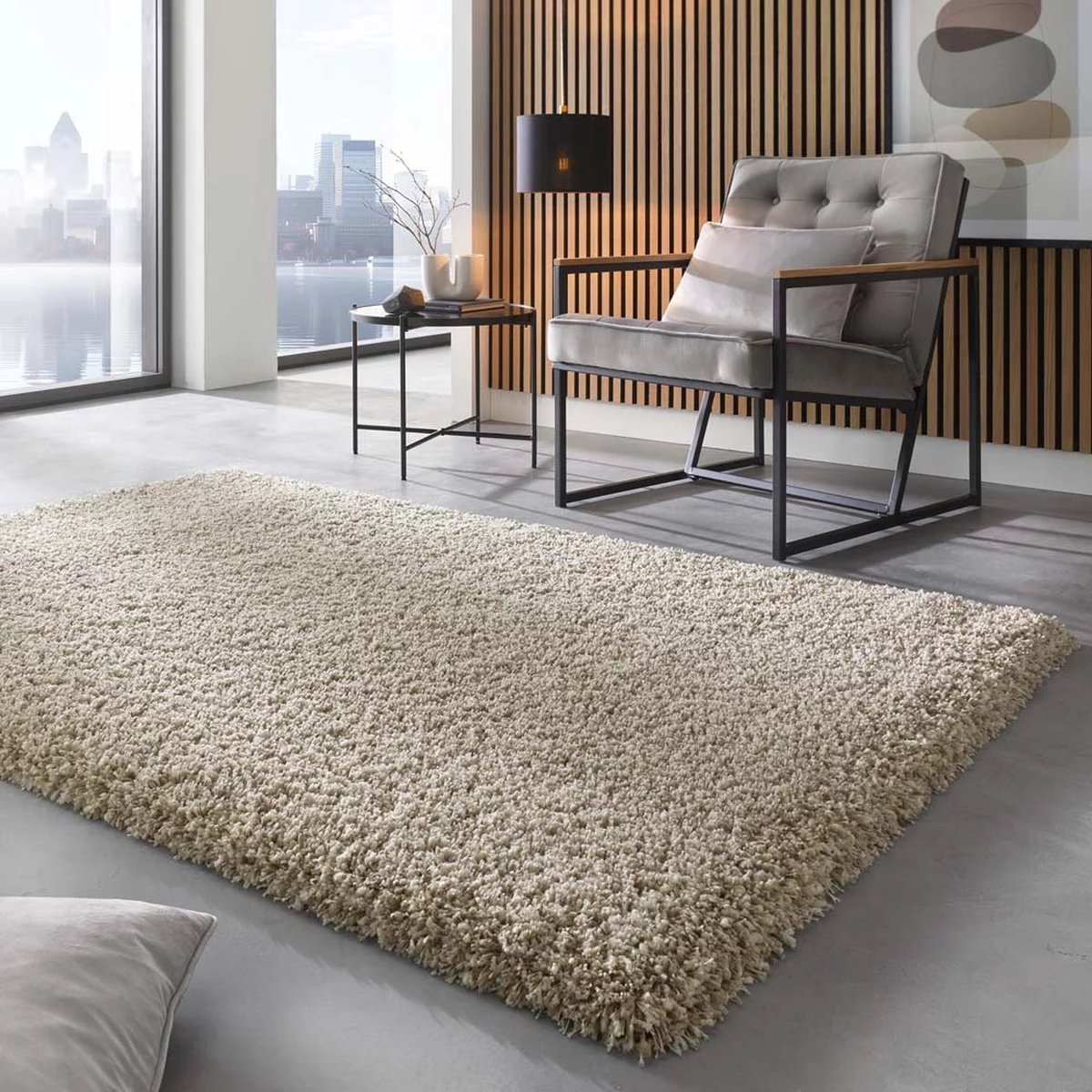 Rond hoogpolig vloerkleed - Shaggy Prime wit/beige 160 cm