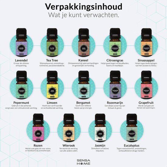 SensaHome Etherische Oliën 14 stuks - 100% puur en natuurlijk - Geschikt voor Aroma diffuser- Essentiële olie set