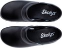 Twee zwarte Skolys klompen, van bovenaf gezien, met witte stiksels en logo op de binnenzool.