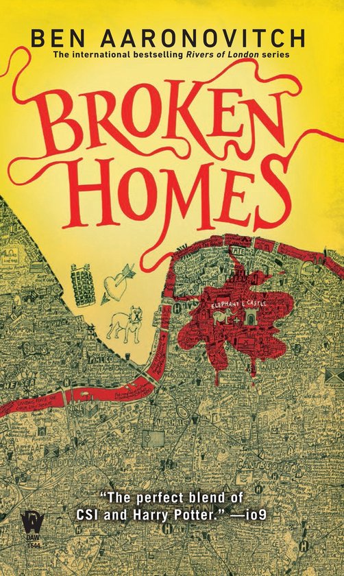Boek 'Broken Homes' van Ben Aaronovitch met een gele achtergrond en een gedetailleerde kaart van Londen.