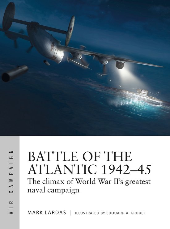 Une illustration d'un avion volant au-dessus d'un navire de guerre pendant la Bataille de l'Atlantique 1942-45.