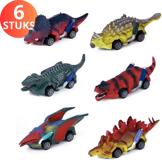 Montzys® Dino Auto Set - 6 Stuks Autos - Dinosaurus Speelgoed - Speelgoedauto Jongens - voor Kinderen Vanaf 3 / 4 Jaar