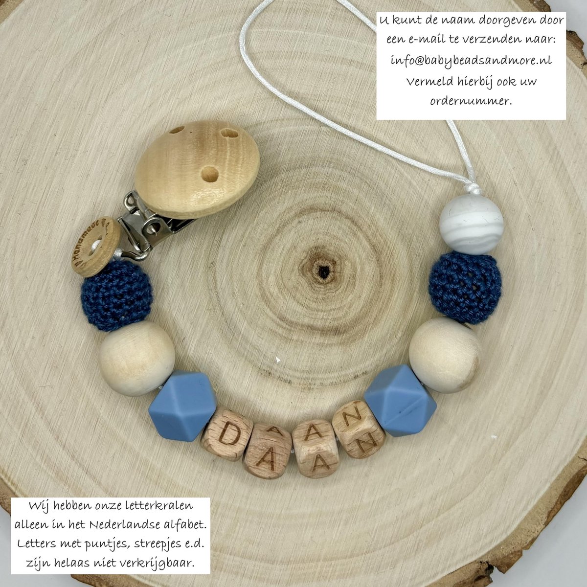 Goedkoopste Babybeads - Speenkoord met naam - Donkerblauw met grijs - Gepersonaliseerd kraamcadeau