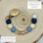 Babybeads - Speenkoord met naam - Donkerblauw met grijs - Gepersonaliseerd kraamcadeau
