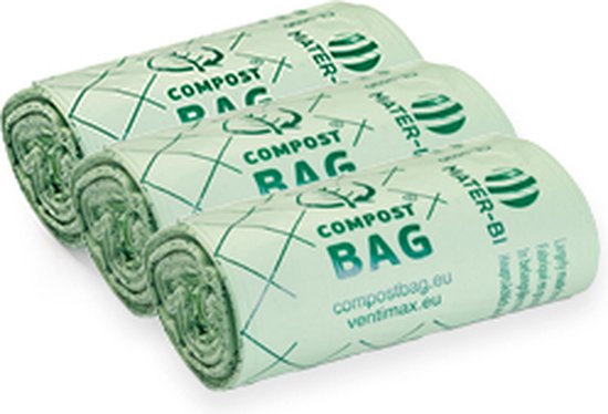 Drie rollen lichtgroene composteerbare zakken met "COMPOSTBAG" logo en "MATER-BI" tekst.
