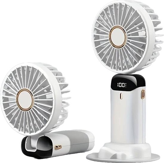 Stille Draagbare Handventilator Wit USB Oplaadbaar 5 Snelheden LED Display Mini Ventilator Tafelventilator