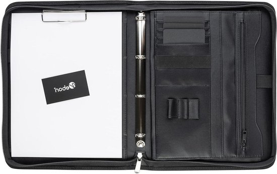 Porte-Documents A4 Cuir Avec Fermeture Éclair - Classeur Anneaux, Bloc-Notes, Calculatrice - Noir Pour Réunions