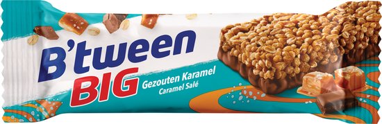 B'tween BIG Gezouten Karamel reep met stukjes karamel, zeezout en een chocoladecoating.