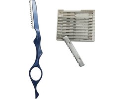 Feather Styling scheermes in Blauw + 10 klassieke scheermessen van hoge kwaliteit - gemechaniseerd hoogwaardig staal - Derby professionele enkelzijdige mesjes - Premium kappersmes - hoogwaardig verwisselbaar scheermesje