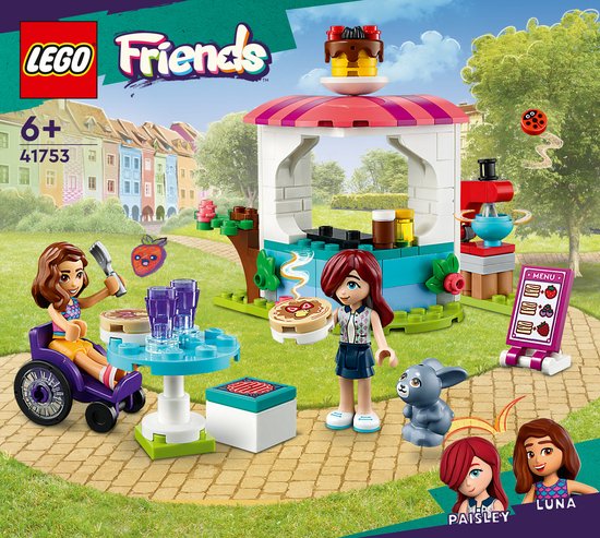 Ensemble de jeu LEGO Friends Crêperie avec les mini-poupées Paisley et Luna, un stand et des accessoires.