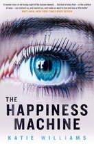 Boekcover van 'The Happiness Machine' met een close-up van een blauw oog met een mozaïekeffect. De titel en auteur zijn in grote letters zichtbaar.
