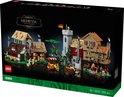 LEGO Icons Middeleeuws stadsplein set met boerderij, molen, taverne, markt en wachttoren.