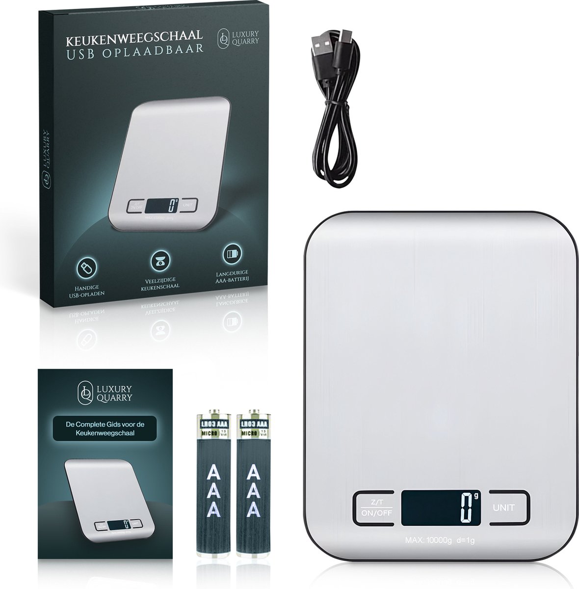 Keukenweegschaal - USB Oplaadbaar - Dubbele Voeding - Verwisselbare Eenheden - Precisie Keukenweegschaal - Digitale Keukenweegschaal - Tot 10kg - RVS - LuxuryQuarry
