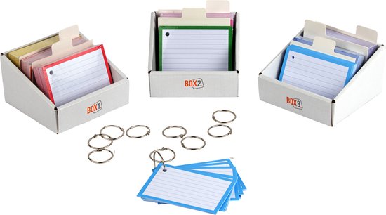 Foto: Flashcards 500 stuks met perforatie 10 xl klikringen 500 a7 3 genummerde boxjes en 12 tabbladen fsc gecertificeerd duurzaam 300 grams karton