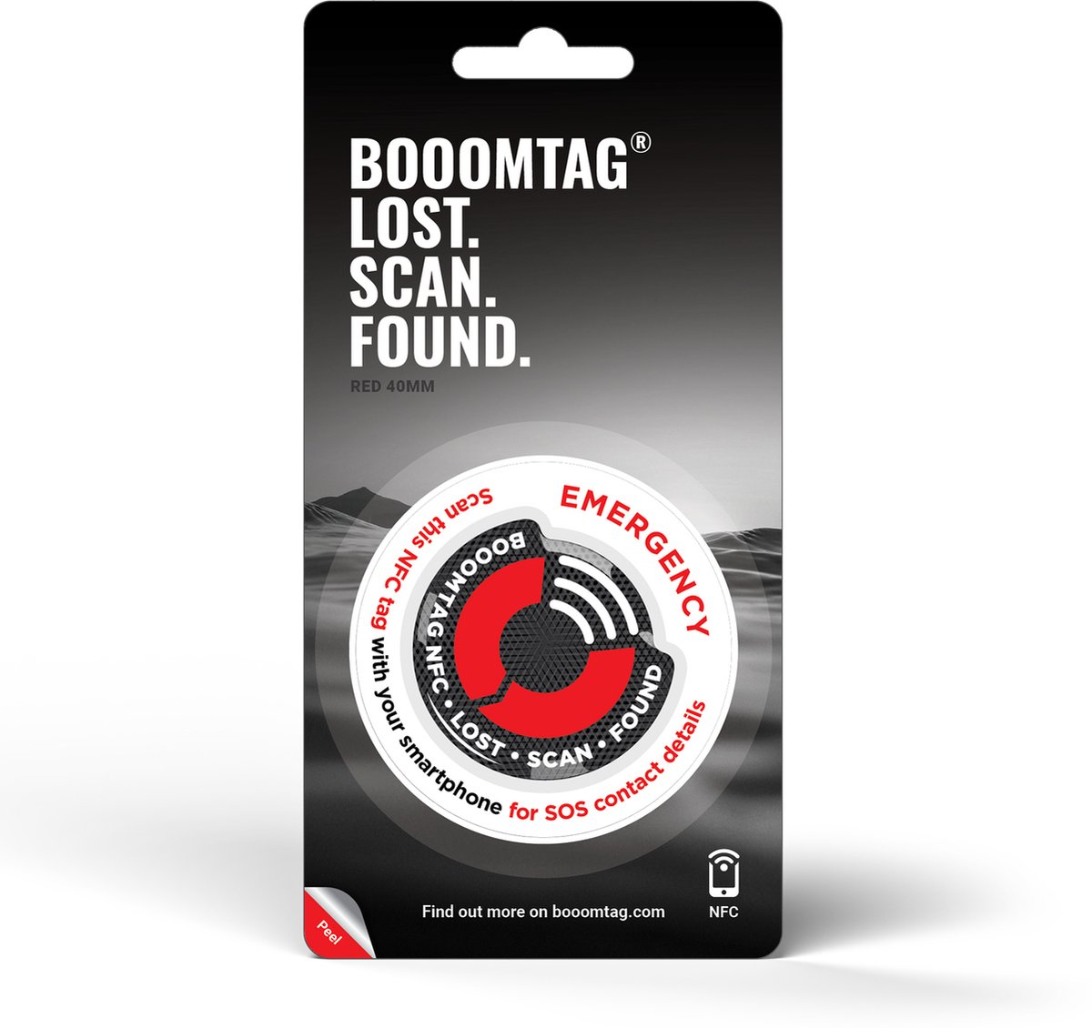 Booomtag® NFC Rood Dome Sticker - 40mm - Lost and Found - Kofferlabel, Bagagelabel, Reislabel, Adreslabel, Reisaccessoires, Passieve Tracker, SOS, ICE, Reiskoffer, Etiquette Bagage, #boomtag #booomtag