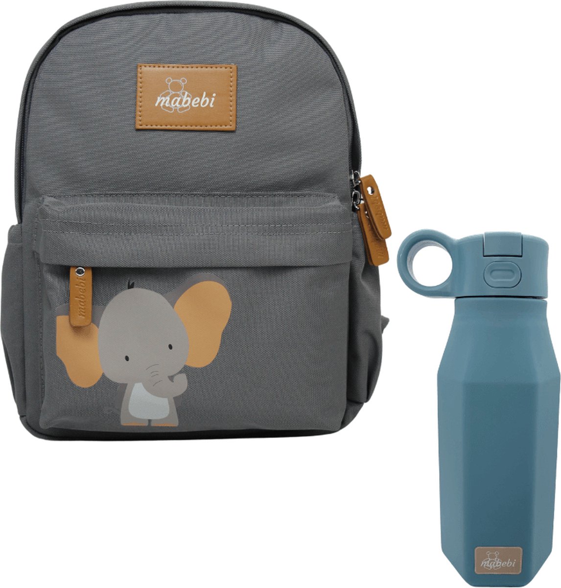 Mabebi - Back to school set Olifant - Kleuterrugzak - Rugzak&Drinkfles - Schooltas - drinkfles met kliksysteem - Ergonomische rugzak