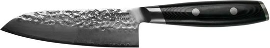 Yaxell Japonais - Série Tsuchimon - Couteau de Chef Santoku - Acier VG10 - 61 HRC - Lame 12,5 cm - 3 Couches d'Acier Damas - Manche Toile-Micarta