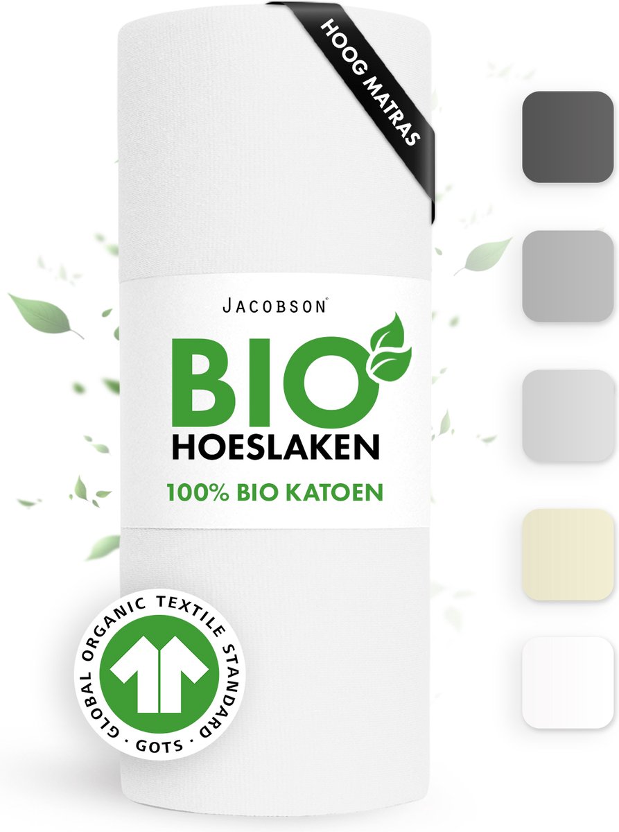 Jacobson Hoeslaken – 100% Biologisch Katoen – 140x220 cm – tot 40cm matrasdikte– 160 g/m² – Wit