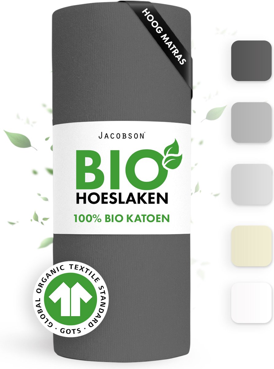 Jacobson Hoeslaken – 100% Biologisch Katoen – 90x220 cm – tot 40cm matrasdikte– 160 g/m² – Antraciet