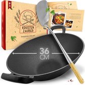 KRUSTENZAUBER 36 cm wok inductie platte bodem - Traditionele stalen wok met wokdraaier en wokring - Wok inductie, elektrisch, gas fornuis