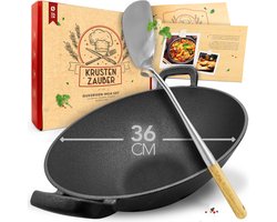 KRUSTENZAUBER 36 cm wok inductie platte bodem - Traditionele stalen wok met wokdraaier en wokring - Wok inductie, elektrisch, gas fornuis