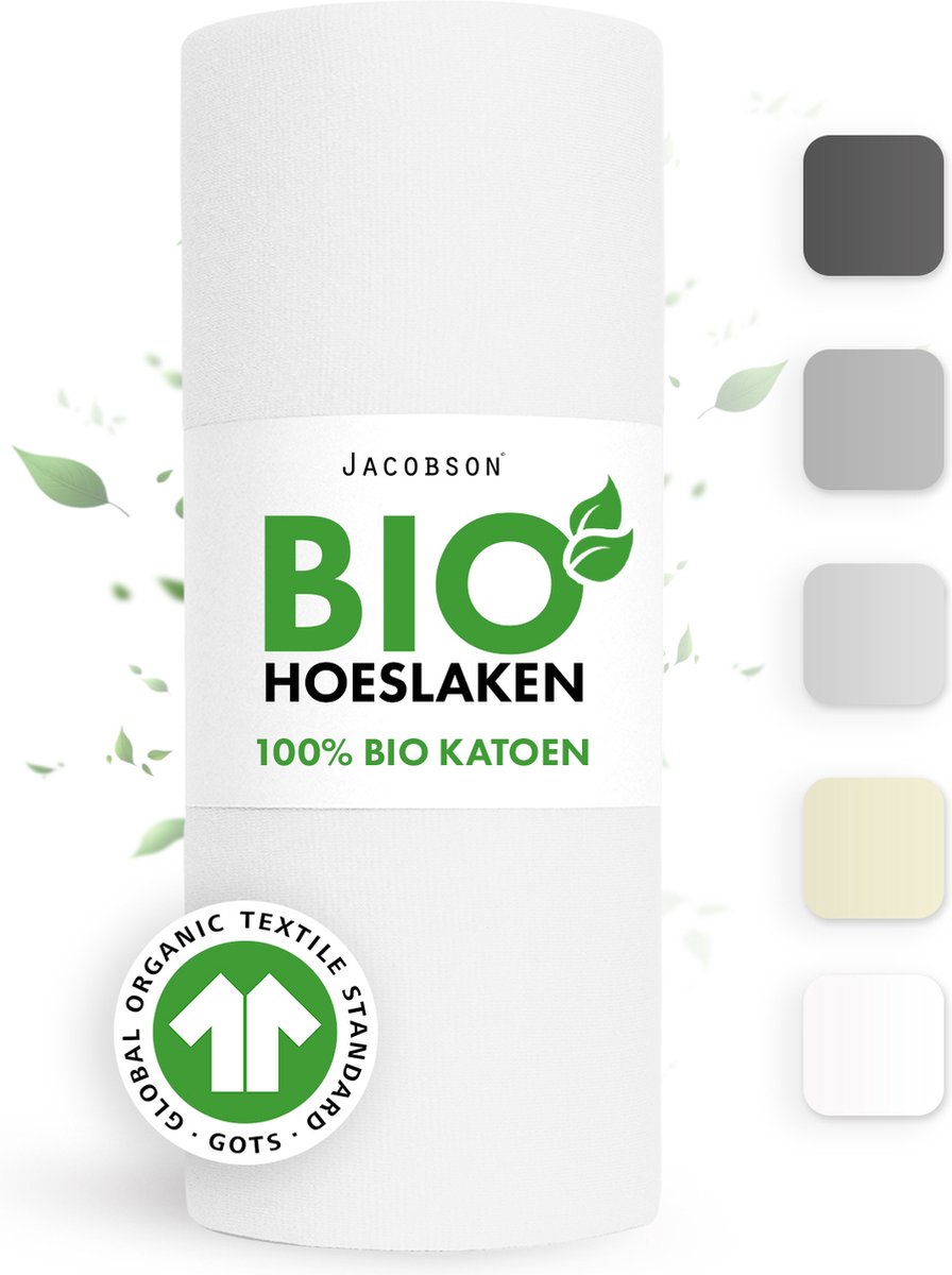 Jacobson Hoeslaken – 100% Biologisch Katoen – 200x200 cm – tot 23cm matrasdikte– 160 g/m² – Wit