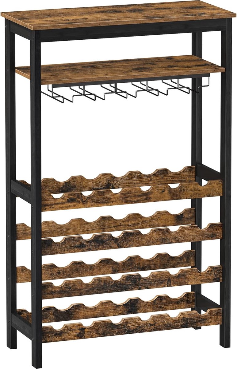 Wijnrek, voor 24 wijnflessen, vrijstaand, flessenrek met glashouders, voor keuken, bar, eetkamer, vintage bruin-zwart KWR028B01