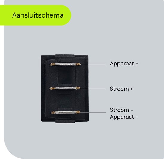 Zwart aansluitschema voor apparaten met 'Apparaat +' en 'Stroom +' labels.