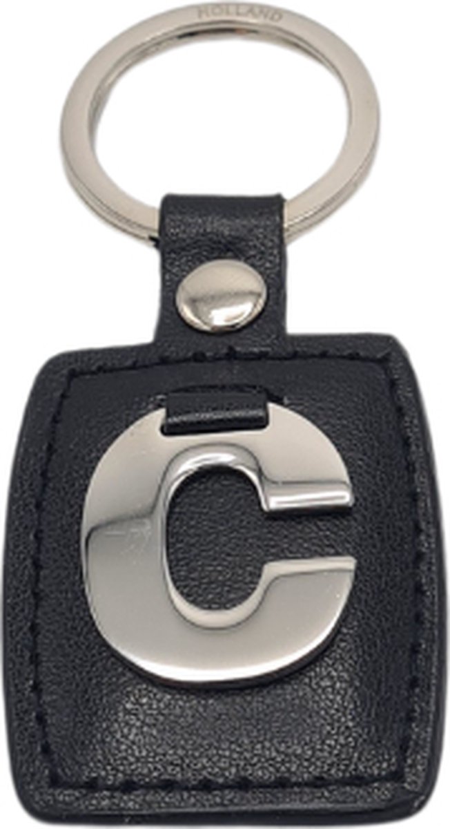 Sleutelhanger - Zilver/Zwart - Letter C - Kunstleer - Metaal