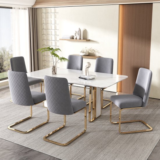 Foto: Fluwelen eetkamerstoel set van 6 luxe woonkamer slaapkamer lounge stoel ruitvormige rugleuning met goudkleurige metalen steunpoten grijs gouden