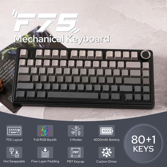 Mechanisch toetsenbord met 75% lay-out, 80+ toetsen, in zwart ombre met grijstinten.