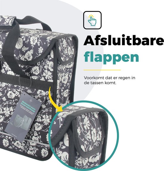 Voltano Enkele Shopper Fietstas - 17 Liter - Midnight Blossom - Zwart Met Witte Bloemen - Waterdicht - Luxe Universele Bevestiging van Voltano — afbeelding 4