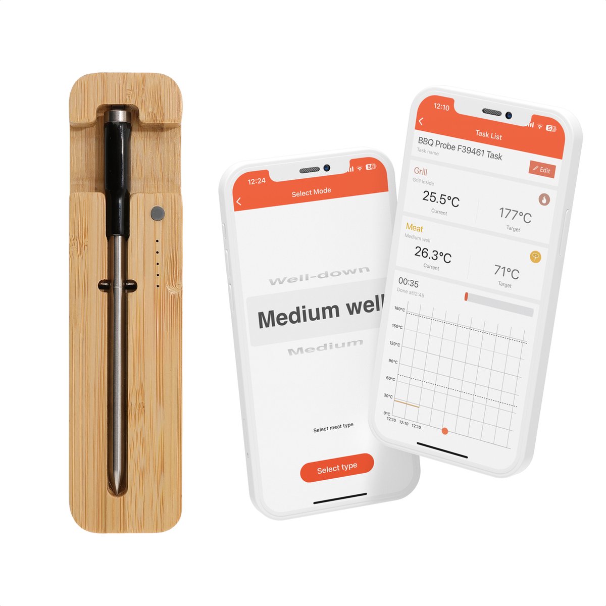 LIVIN' Vleesthermometer - Draadloze BBQ Thermometer met App - Oventhermometer - Kernthermometer - 1 Sonde - met Bluetooth - 60 meter draadloos - Bamboe - Magnetisch