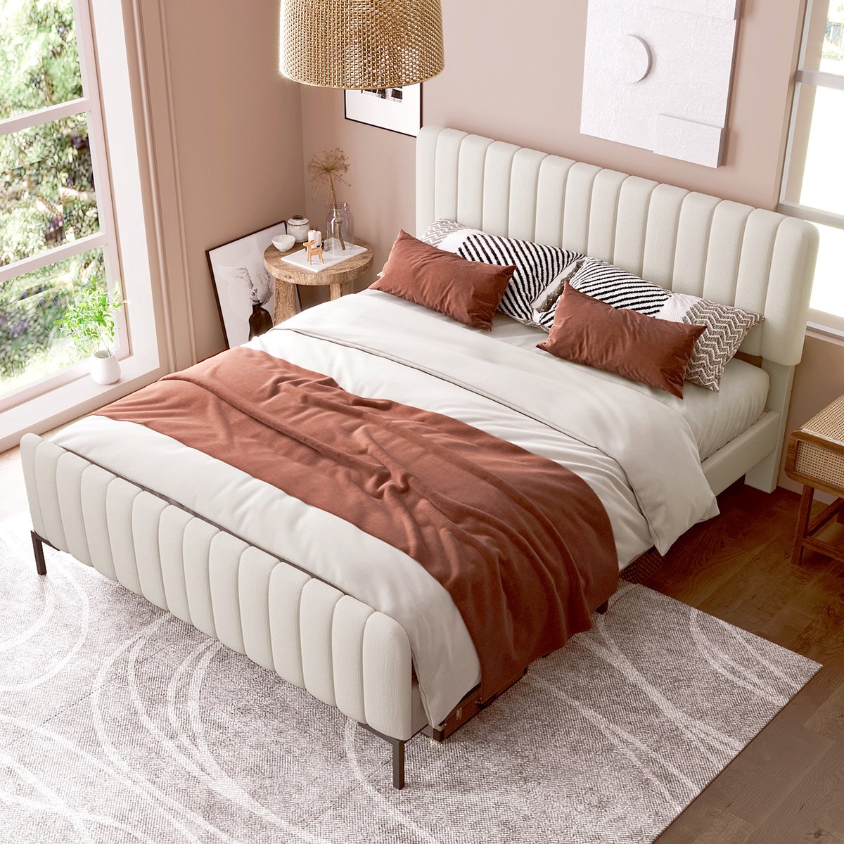 Sweiko Gestoffeerd Tweepersoonsbed 160 x 200 cm, Bedplaats met plat noedelsframe en verstelbaar hoofdeinde, Grijs Beige gestoffeerd bed, slaapkamer bedplaats jeugdbedkamer linnenmateriaal (geen matras)