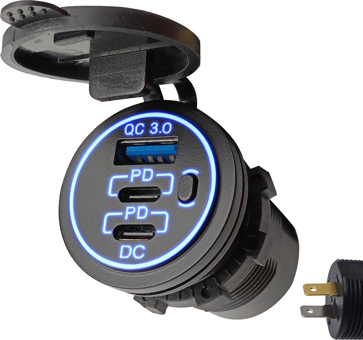 ProRide 12V USB/USB C Autolader 3 Poorten met schakelaar - Inbouw - QC3.0 - USB Stopcontact voor Auto, Boot en Camper - Blauw