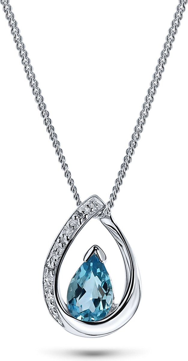 Miore Pure Collier Ketting – 9 Karaat - Zilverkleurig - met Diamanten en Blauwe Topaas