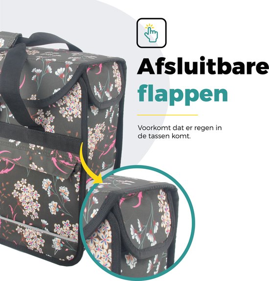 Voltano Enkele Shopper Fietstas - 17 Liter - Pink Elegance - Zwart Met Witte Bloemen - Waterdicht - Luxe Universele Bevestiging van Voltano — afbeelding 4
