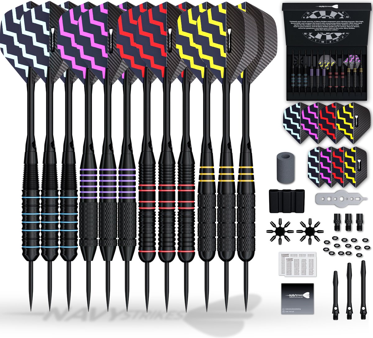 Navy Strikes Dartpijlen Set 23 Gram - 108 Delige Set - 12 Dartspijlen - 4 Soorten Grip - Flights Darts en Dart Shafts - Darten - Incl Add-a-Gram 24 Gram