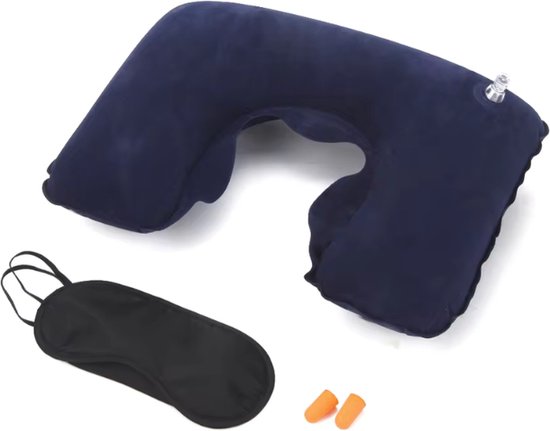 Foto: Reisset opblaasbaar reiskussen voor vliegtuig nekkussen slaapmasker en oordoppen comfortabel reizen 3 delige set ideaal voor vliegtuig trein en auto donkerblauw