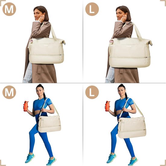 Sporttas met USB-oplaadpoort en schoenenvak voor dames - Weekendtas met zak voor natte spullen voor reizen gym yoga Beige M van Ordinett — afbeelding 3