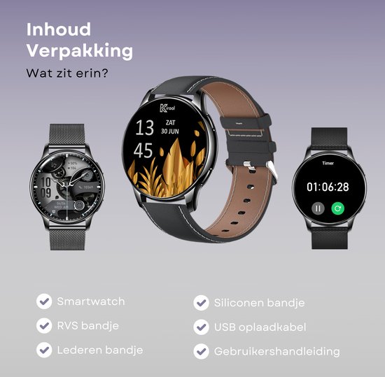 Drie smartwatches: één met RVS band, één met zwart leren band, één met zwart siliconen band. "Inhoud Verpakking".