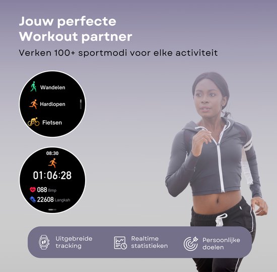 Vrouw aan het rennen, met smartwatch die sportactiviteiten zoals wandelen, hardlopen en fietsen toont. "Jouw perfecte Workout partner".