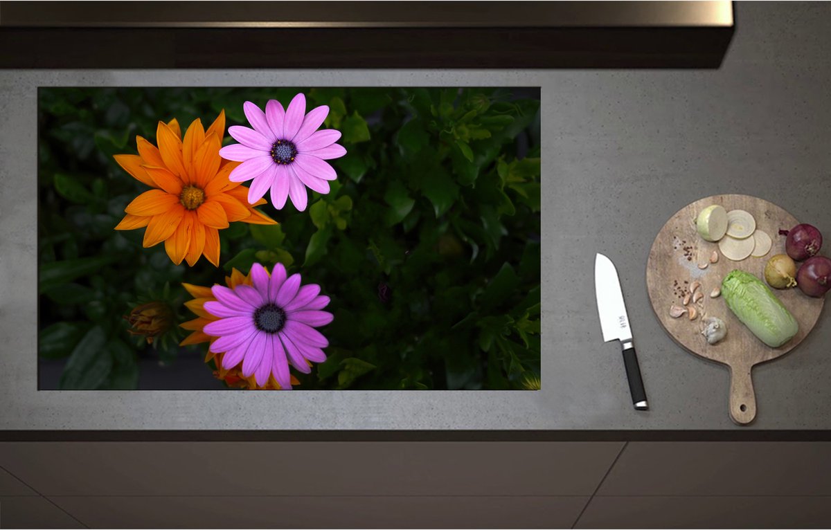 Inductieplaat Beschermer - Bovenaanzicht van Roze en Oranje Spaanse Margietjes Bloemen in de Struiken - 90x55 cm - 2 mm Dik - Inductie Beschermer - Bescherming Inductiekookplaat - Kookplaat Beschermer van Wit Vinyl
