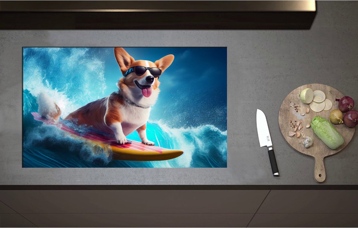Inductieplaat Beschermer - Bruin met Witte Corgi Puppy Surfend over de Golven - 85x51 cm - 2 mm Dik - Inductie Beschermer - Bescherming Inductiekookplaat - Kookplaat Beschermer van Wit Vinyl