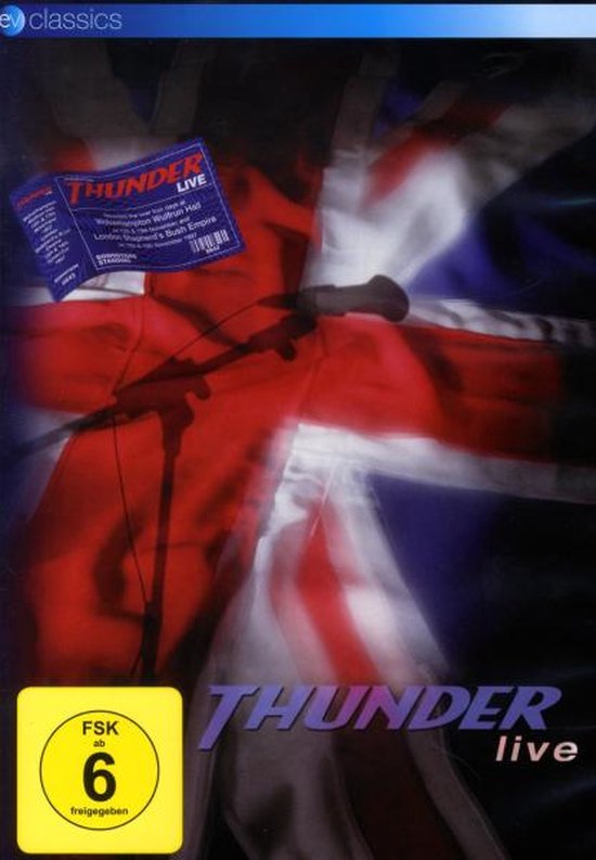 Live-dvdhoes met de Union Jack en een microfoon. De tekst 'THUNDER live' staat in paars op de hoes.