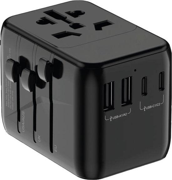 Adaptateur De Voyage Universel - 4 Ports USB + Type-C - Charge Rapide 3.0 - Noir