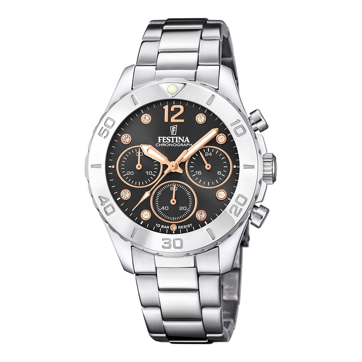 Festina F20603-6 Dames Horloge - Chronograaf - Mineraalglas - Roestvrijstaal-Staal - Zilverkleurig - Ø 39 mm - Quartz - Vouw-Vlindersluiting